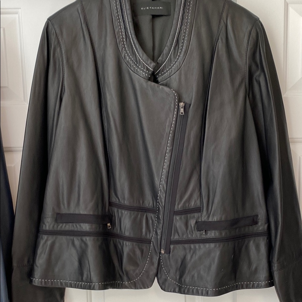 Elie Tahari Black Leather Jacket Asymmetrical Design